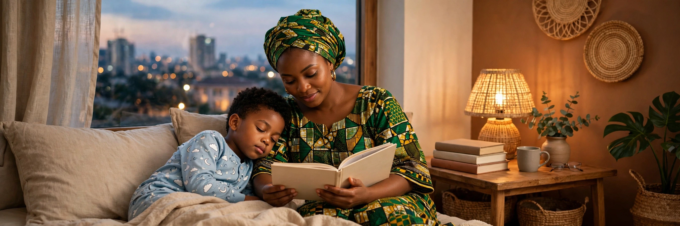 Nigerian mother in Lagos reading a bedtime story to her young son in pyjamas in a warmly lit bedroom at dusk