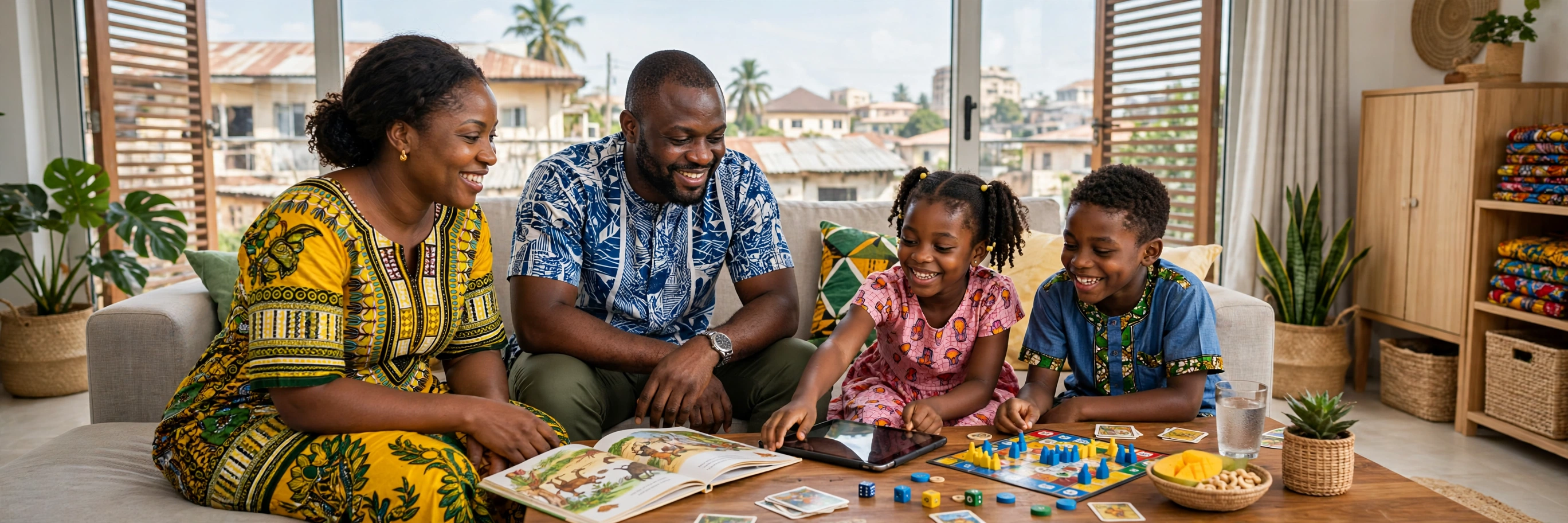 Nigerian mother and father smiling with their son and daughter in a bright Lagos living room, a tablet set down on the table as the family reads a storybook and plays a board game together