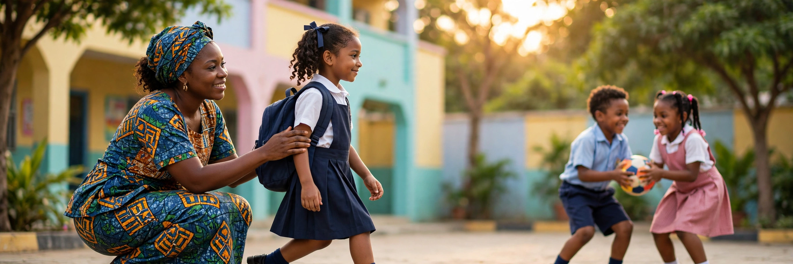 A Nigerian mother gently encouraging her shy young daughter in school uniform to join classmates playing in a Lagos school courtyard
