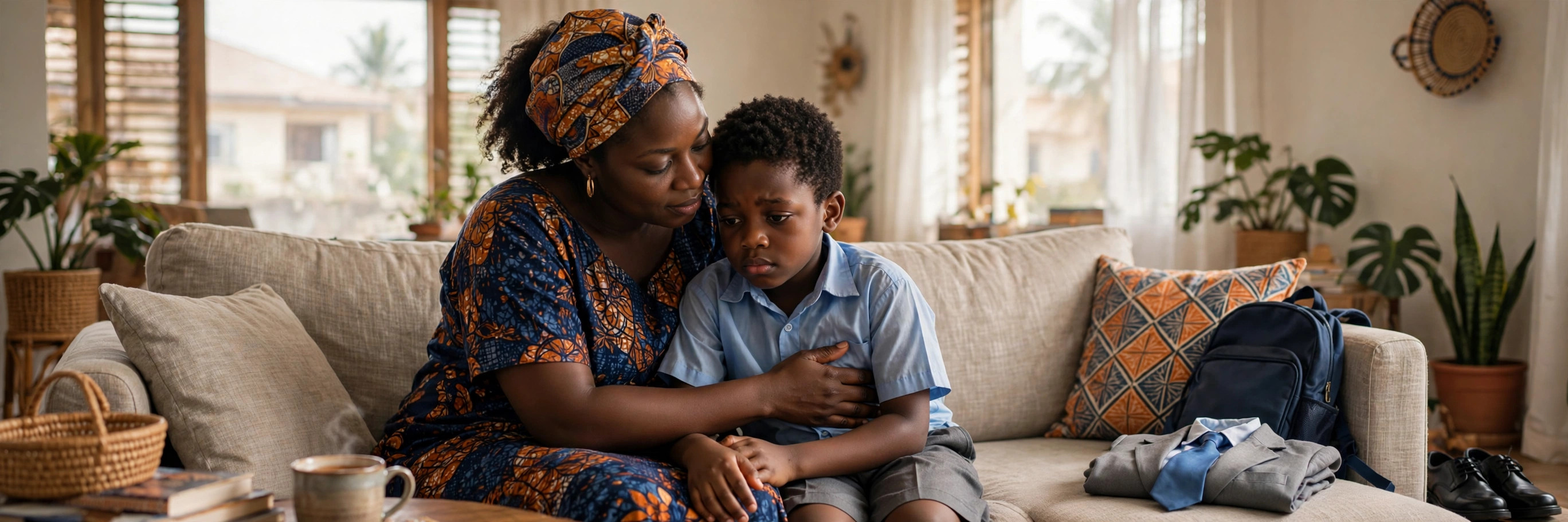 A mother in Lagos gently comforting her young son at home, illustrating early signs of anxiety in children
