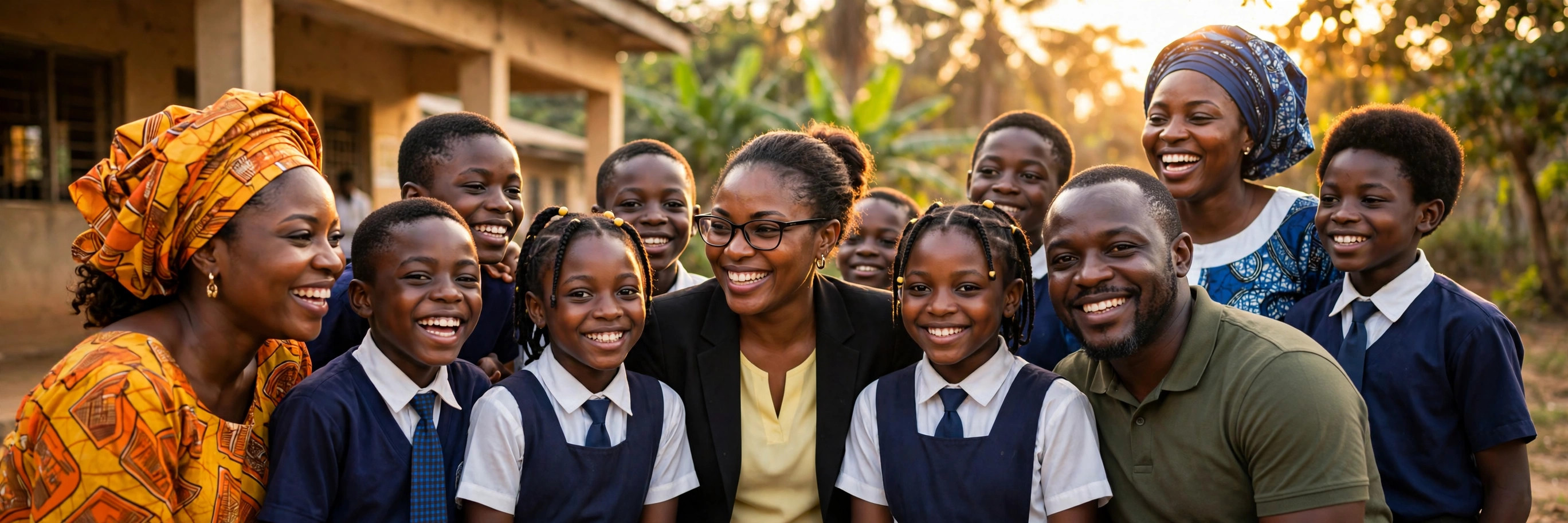A warm, sunlit gathering of Nigerian schoolchildren, teachers and parents smiling together outside a school — an illustrative image for Issue No. 1 of the OLIC Newsletter.