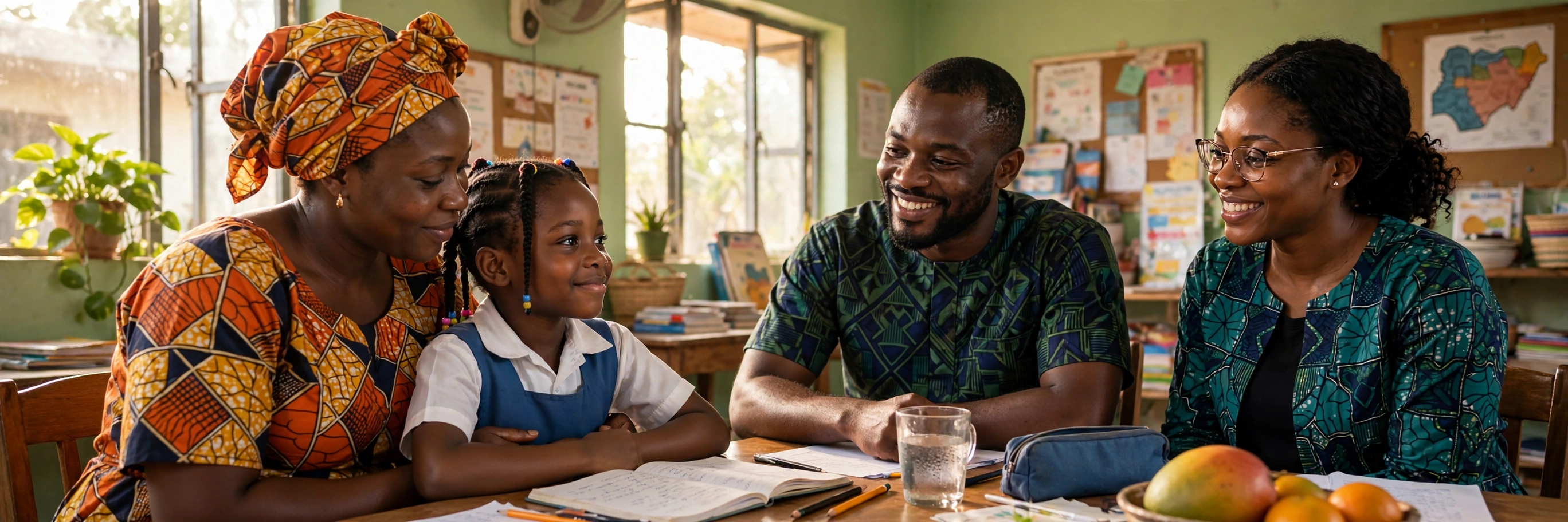 A Nigerian mother gently comforting her young school-age daughter at a bright classroom table, with her father and teacher smiling warmly beside them — an illustrative image for Issue No. 3 of the OLIC Newsletter.
