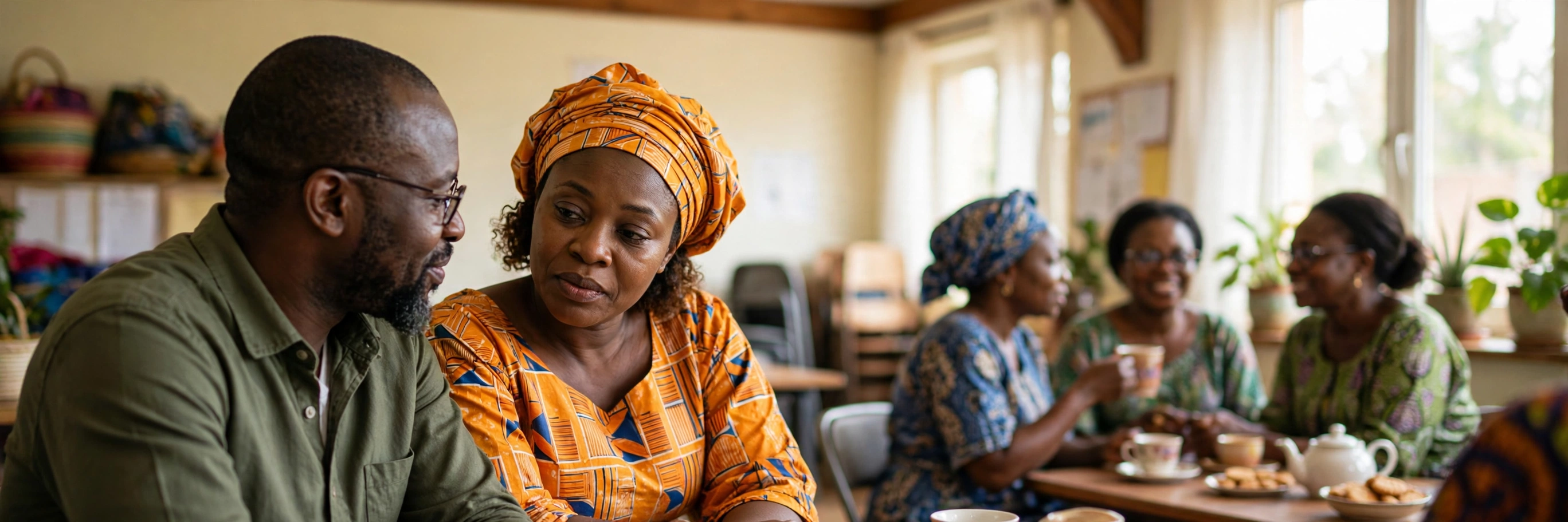 A Nigerian counsellor listening supportively to a woman in a bright community centre room, with other women sharing tea and conversation softly in the background — an illustrative image for Issue No. 4 of the OLIC Newsletter.