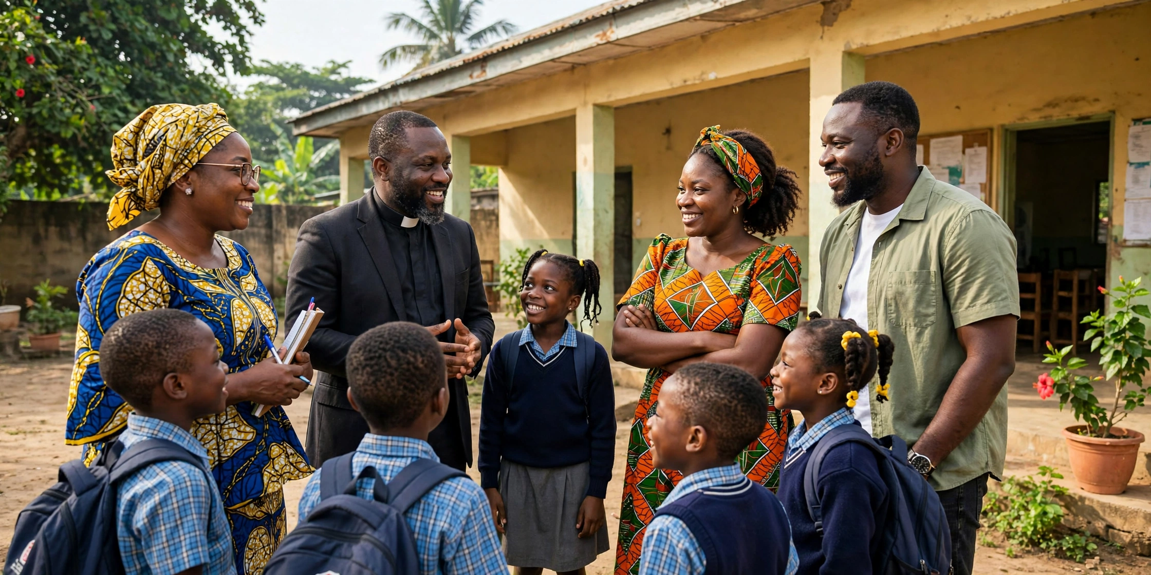 A Nigerian schoolteacher, pastor and parents talking warmly together with schoolchildren outside a community hall in bright morning light — an illustrative image for Issue No. 5 of the OLIC Newsletter.