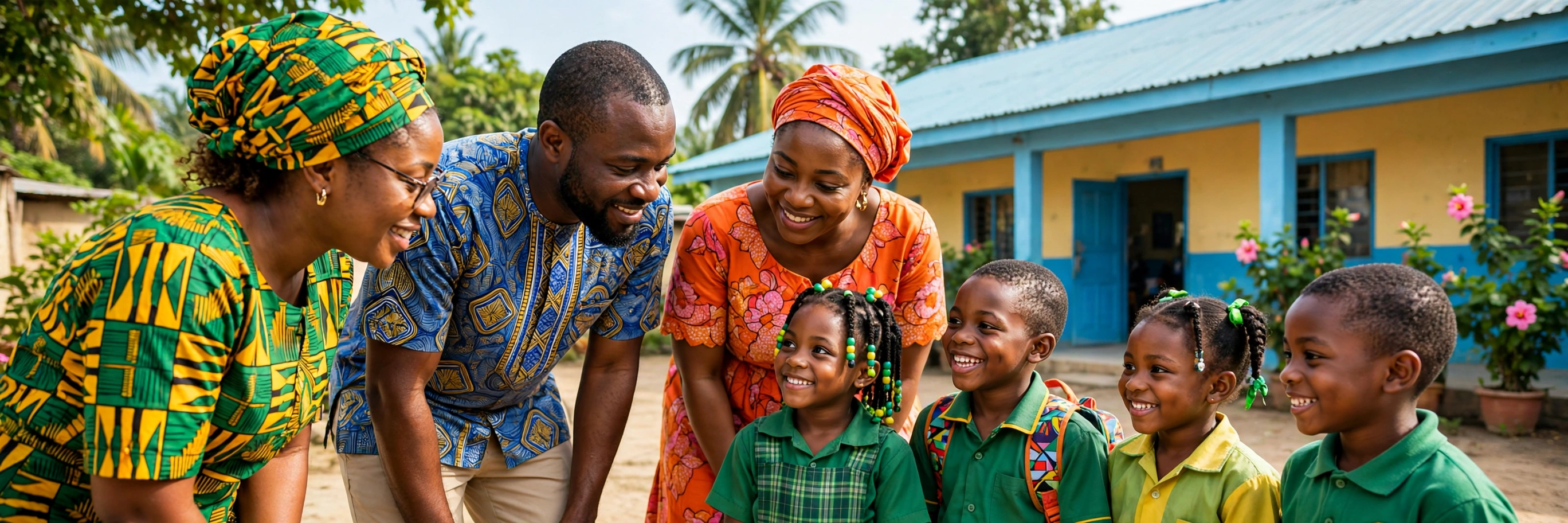 Nigerian teachers and parents listening warmly and protectively to smiling schoolchildren outside a bright school building — an illustrative image for Issue No. 8 of the OLIC Newsletter.