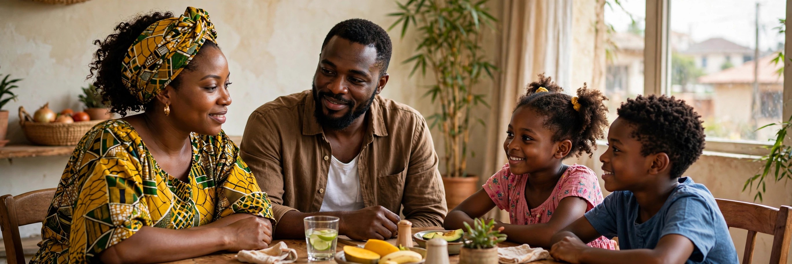 A Nigerian mother and father talking calmly with their two children at a dining table at home